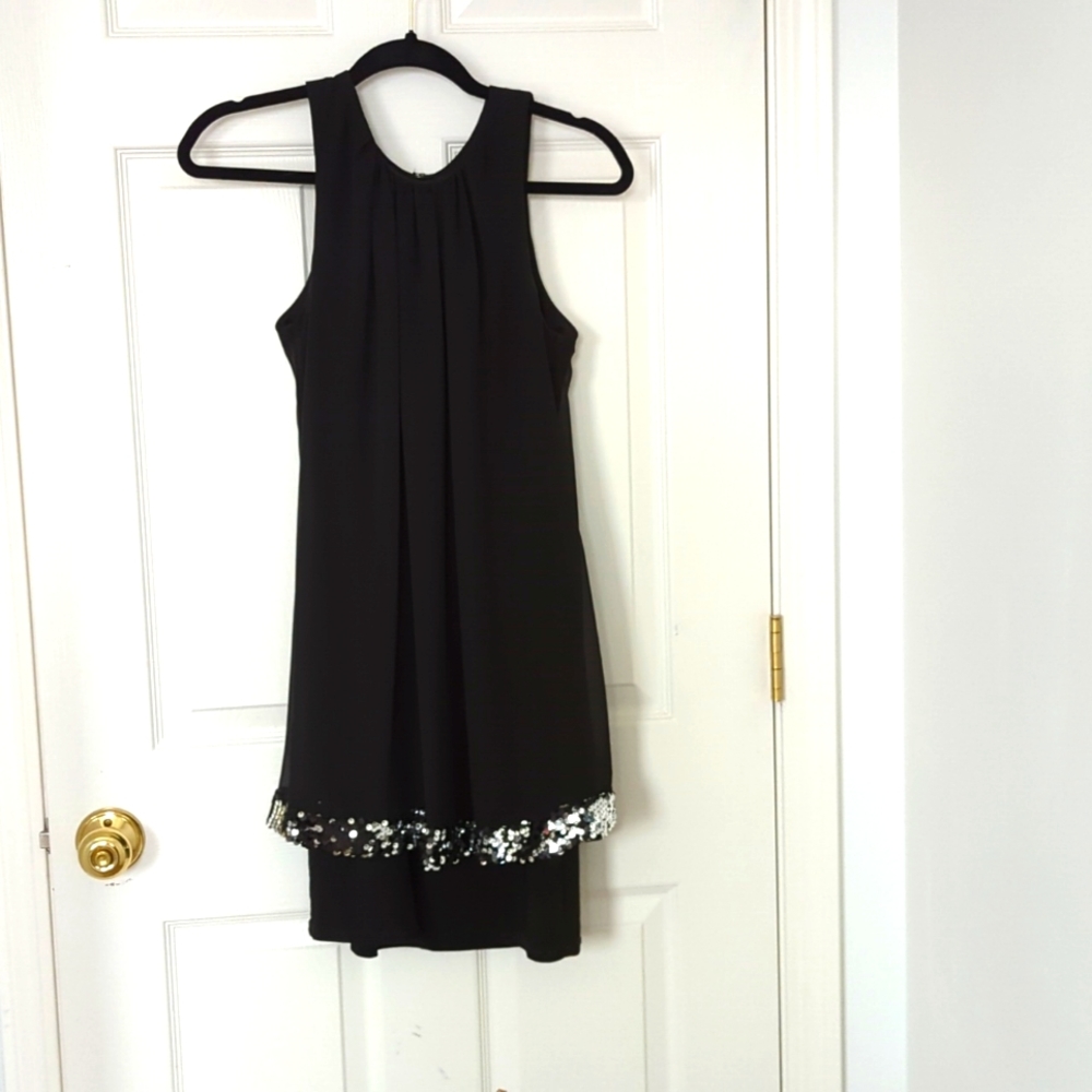 Betsy and Adam little black dress with sequins and chiffon overlay